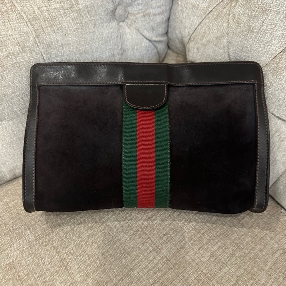 Authentic Preloved Vintage Gucci Clutch Bag Sherry line Suede Leather Dark Brown